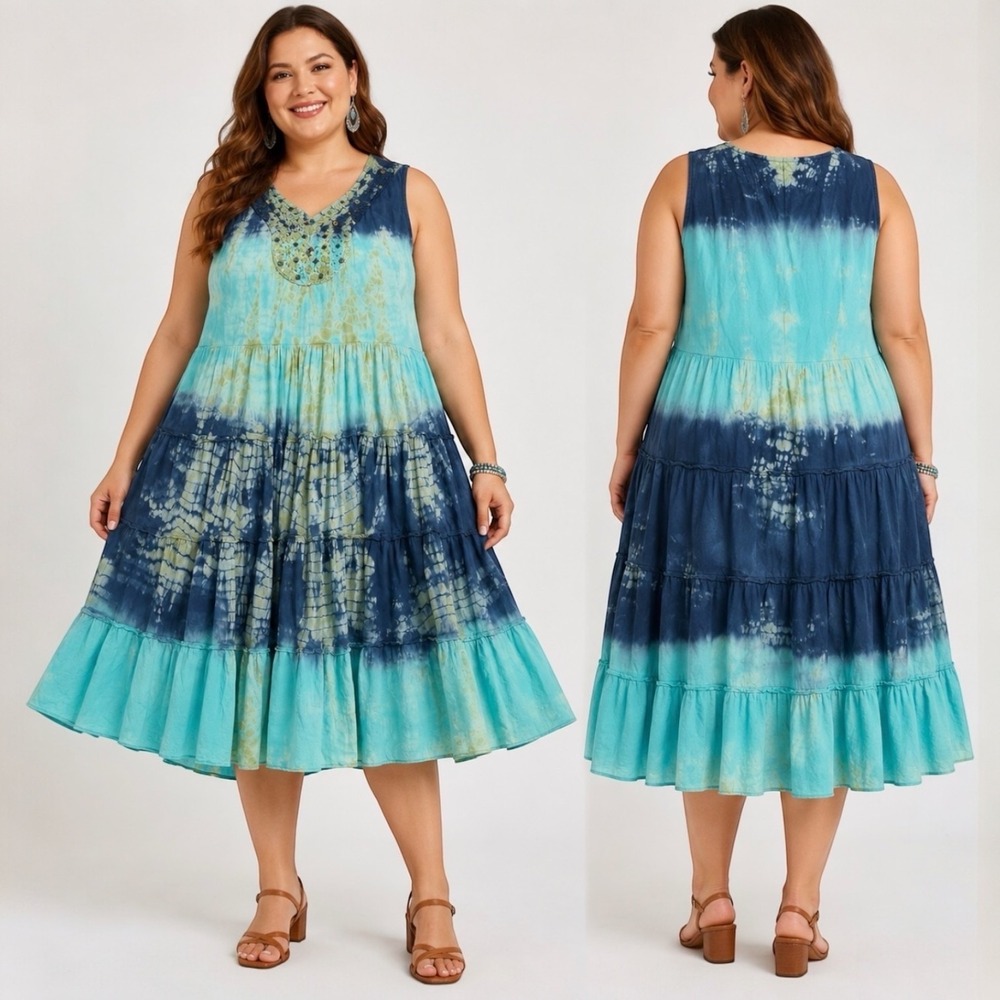 Seventh Avenue 1X Tie Dye Boho Midi Dress Blue Green Crochet Embellished